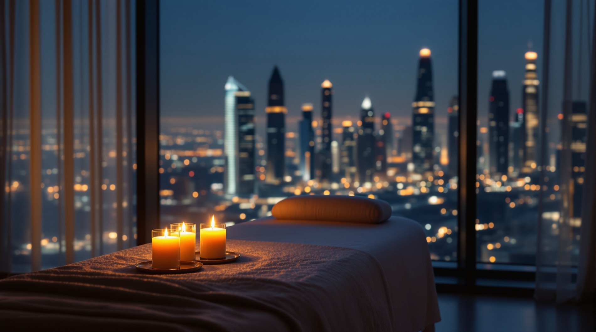 A Dubai apartment prepared for an at-home massage at night
