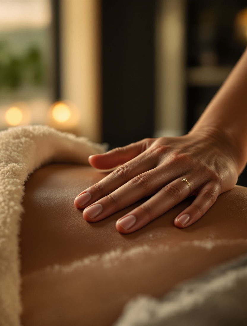 A therapist's hands on a client's shoulder